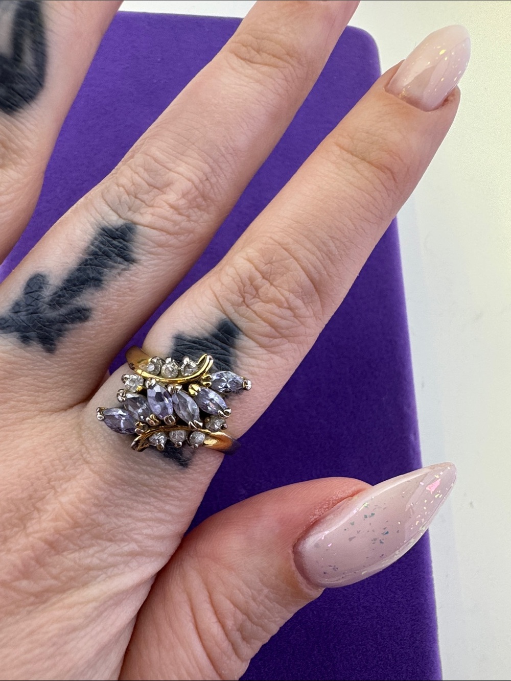 💛 Vintage 18k Gold-Plated Purple Marquise & White Crystal Cluster Ring